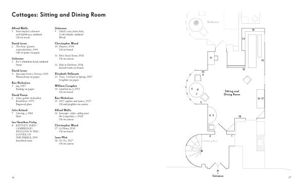 Interior of Kettle's Yard room with brick fire place, wood floor, on cover of 'Kettle's Yard House Guide', by Kettle's Yard, University of Cambridge.