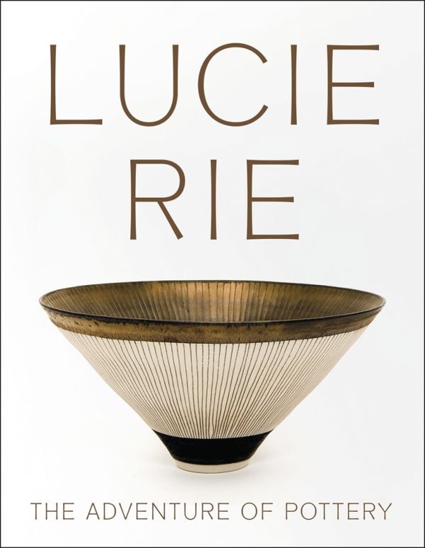 Book cover of Lucie Rie: The Adventure of Pottery, with thrown porcelain with Manganese glaze and sgraffito decoration. Published by Kettle's Yard.