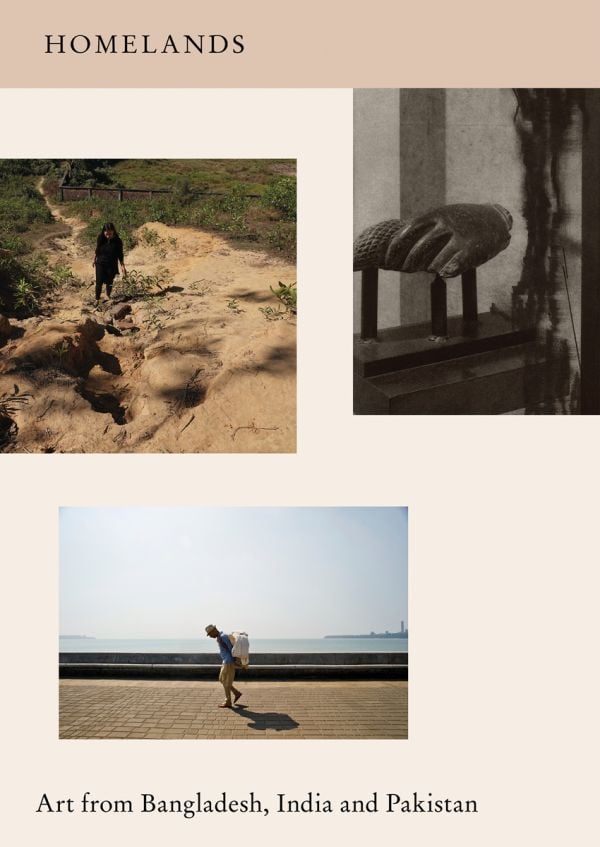 Three red semi circles, on beige cover of 'Homelands, Art from Bangladesh, India and Pakistan', by Kettle's Yard, University of Cambridge.