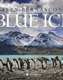 Landscape book cover of Blue Ice, with snow covered mountains and a line of penguins below. Published by Papadakis.