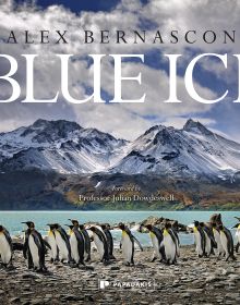 Book cover of Blue Ice, with snow covered mountains and a line of penguins below. Published by Papadakis.