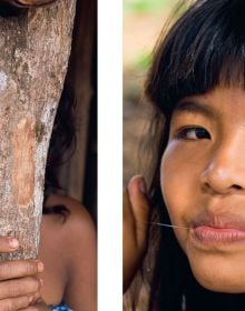 Book cover of Sue and Patrick Cunningham's Spirit of the Amazon: The Indigenous Tribes of the Xingu, featuring the eye of a tribesman with black tribal marks below. Published by Papadakis.