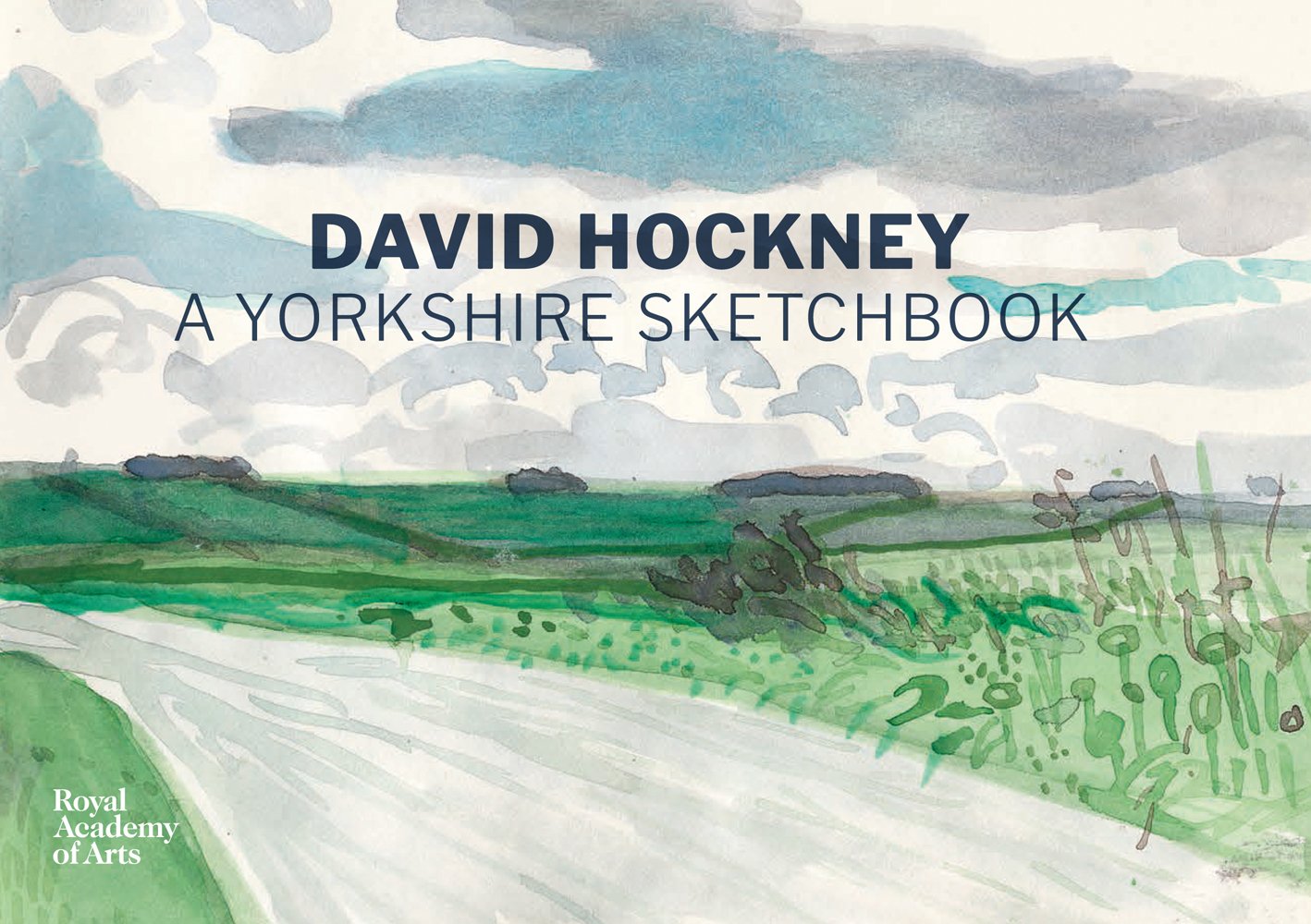 Watercolour and ink sketch of the East Yorkshire landscape, by David Hockney, 'DAVID HOCKNEY, A YORKSHIRE SKETCHBOOK', in black font above.