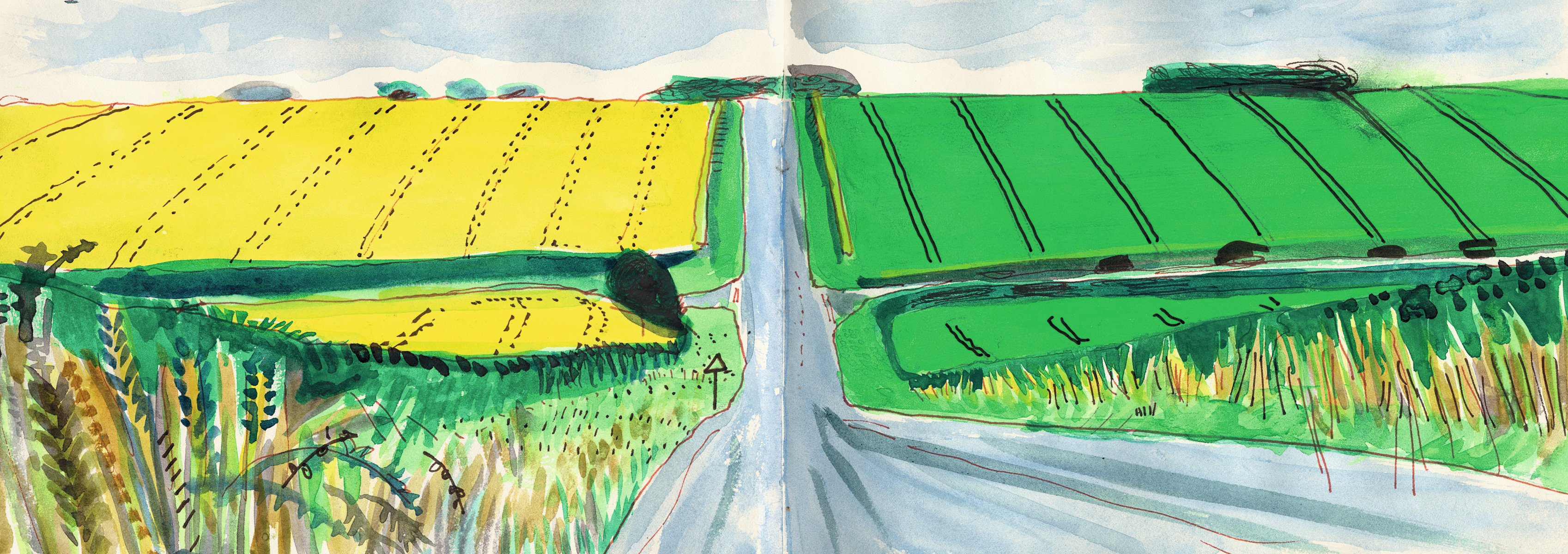 Landscape book cover of A Yorkshire Sketchbook, featuring a watercolour and ink sketch of the East Yorkshire landscape, by David Hockney. Published by Royal Academy of Arts.