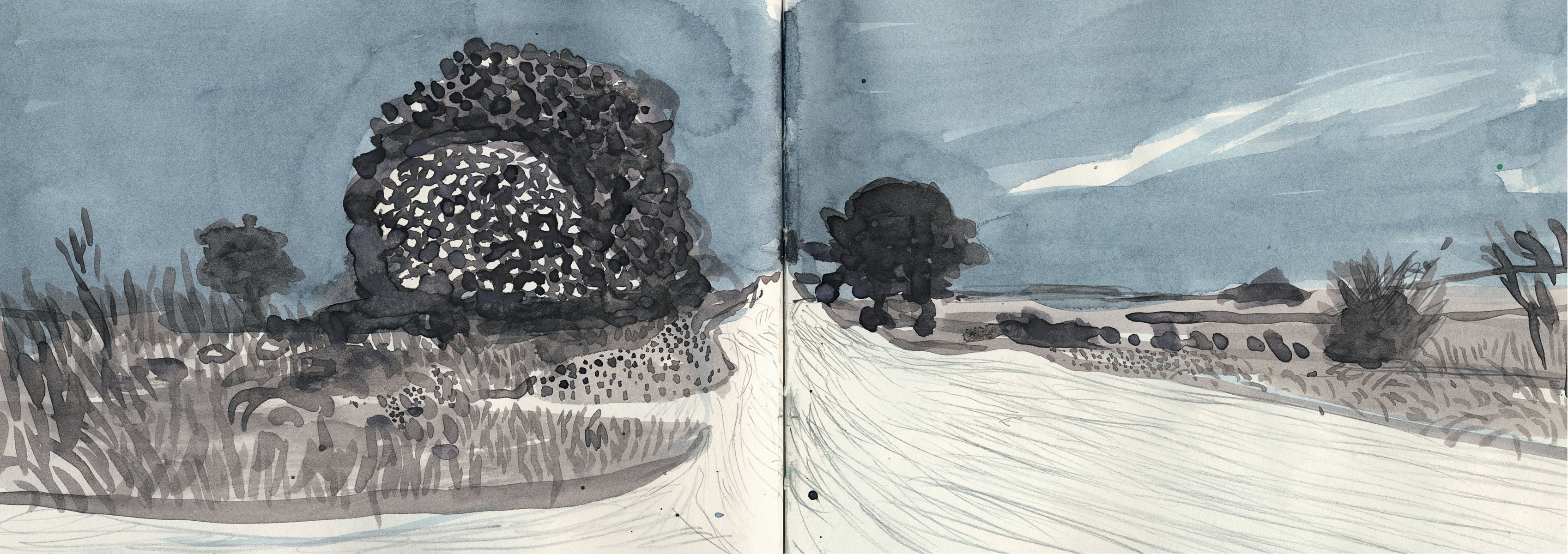 Landscape book cover of A Yorkshire Sketchbook, featuring a watercolour and ink sketch of the East Yorkshire landscape, by David Hockney. Published by Royal Academy of Arts.