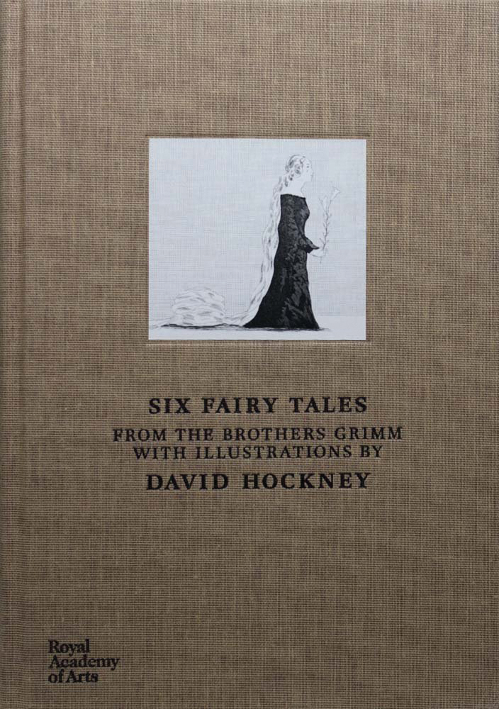 Brown linen book cover of David Hockney’s Six Fairy Tales From The Brothers Grimm, featuring an illustration of 'The Older Rapunzel' wearing a black dress and holding a lily. Published by Royal Academy of Arts.