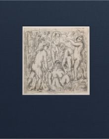 Drawing by Paul Cezanne of a collection of nude figures, to centre of navy cover, by Ridinghouse.