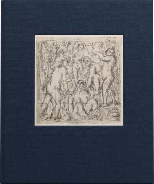 Drawing by Paul Cezanne of a collection of nude figures, to centre of navy cover, by Ridinghouse.