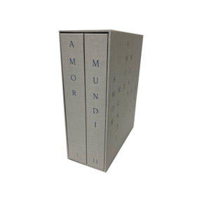 2 cream books, side by side, book mark ribbons poking out below, 2 black and white photos on front of each