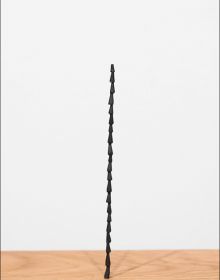 Artist Shilpa Gupta's sound installation exhibition featuring a tall metal spike on wood plinth.