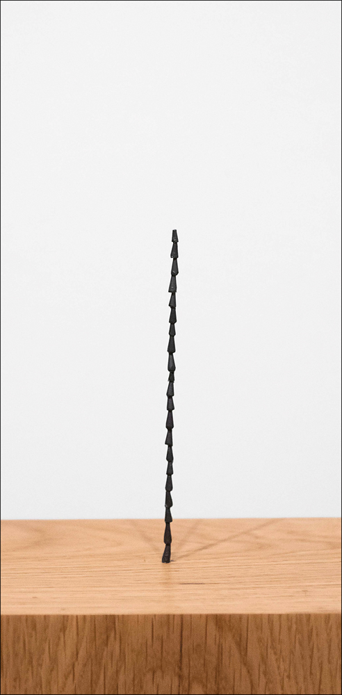 Artist Shilpa Gupta's sound installation exhibition featuring a tall metal spike on wood plinth.