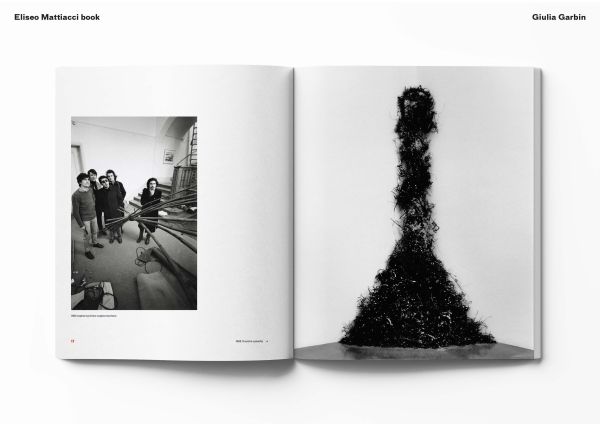 Book cover of Sculpture in Action Eliseo Mattiacci in Rome, with the Italian sculptor Eliseo Mattiacci assembling large installation sculpture on wall. Published by Ridinghouse.