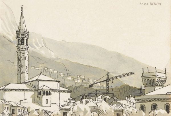 Book cover of An Italian Journey: Anne Desmet, with a watercolour of Italian landscape with green mountains and cypress trees. Published by Royal Academy.