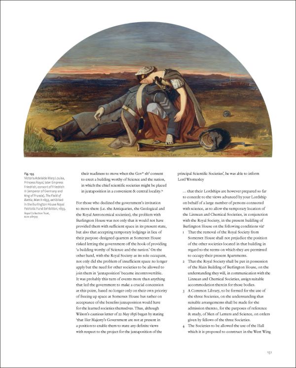 Exterior of Burlington House in creamy yellow on off white cover, Burlington House in red font above