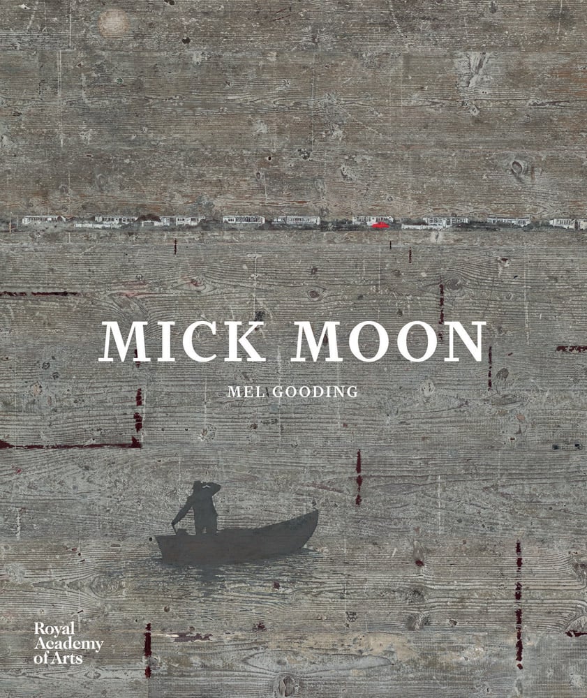 Silhouette of man in boat, on wood cover, MICK MOON in white font to centre