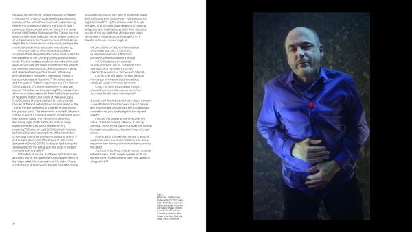 Black woman, eyes closed, floating under water in silk top, Bill Viola Michelangelo Life Death Rebirth in white font to lower half