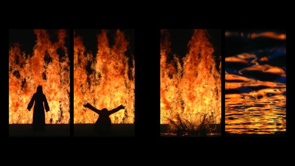 Black woman, eyes closed, floating under water in silk top, Bill Viola Michelangelo Life Death Rebirth in white font to lower half