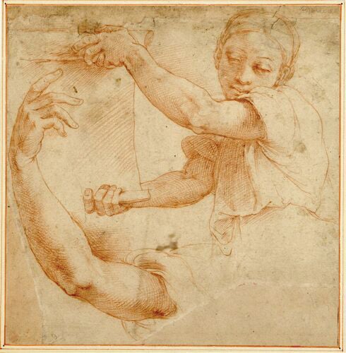 Drawing of head of apostle, on cover of 'Raphael, The Drawing', by Ashmolean Museum.