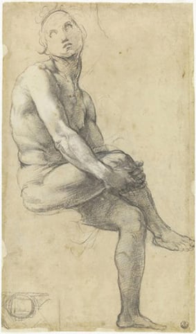 Drawing of head of apostle, on cover of 'Raphael, The Drawing', by Ashmolean Museum.