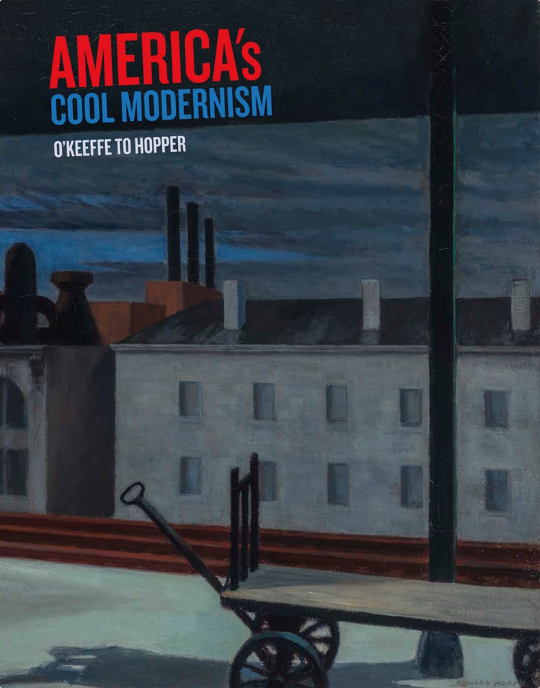 Painting 'Dawn In Pennsylvania' by Edward Hopper, rail track hand wagon on platform, on cover of 'America's Cool Modernism, O'Keeffe to Hopper', by Ashmolean Museum.