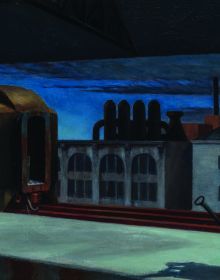 Painting 'Dawn In Pennsylvania' by Edward Hopper, rail track hand wagon on platform, on cover of 'America's Cool Modernism, O'Keeffe to Hopper', by Ashmolean Museum.