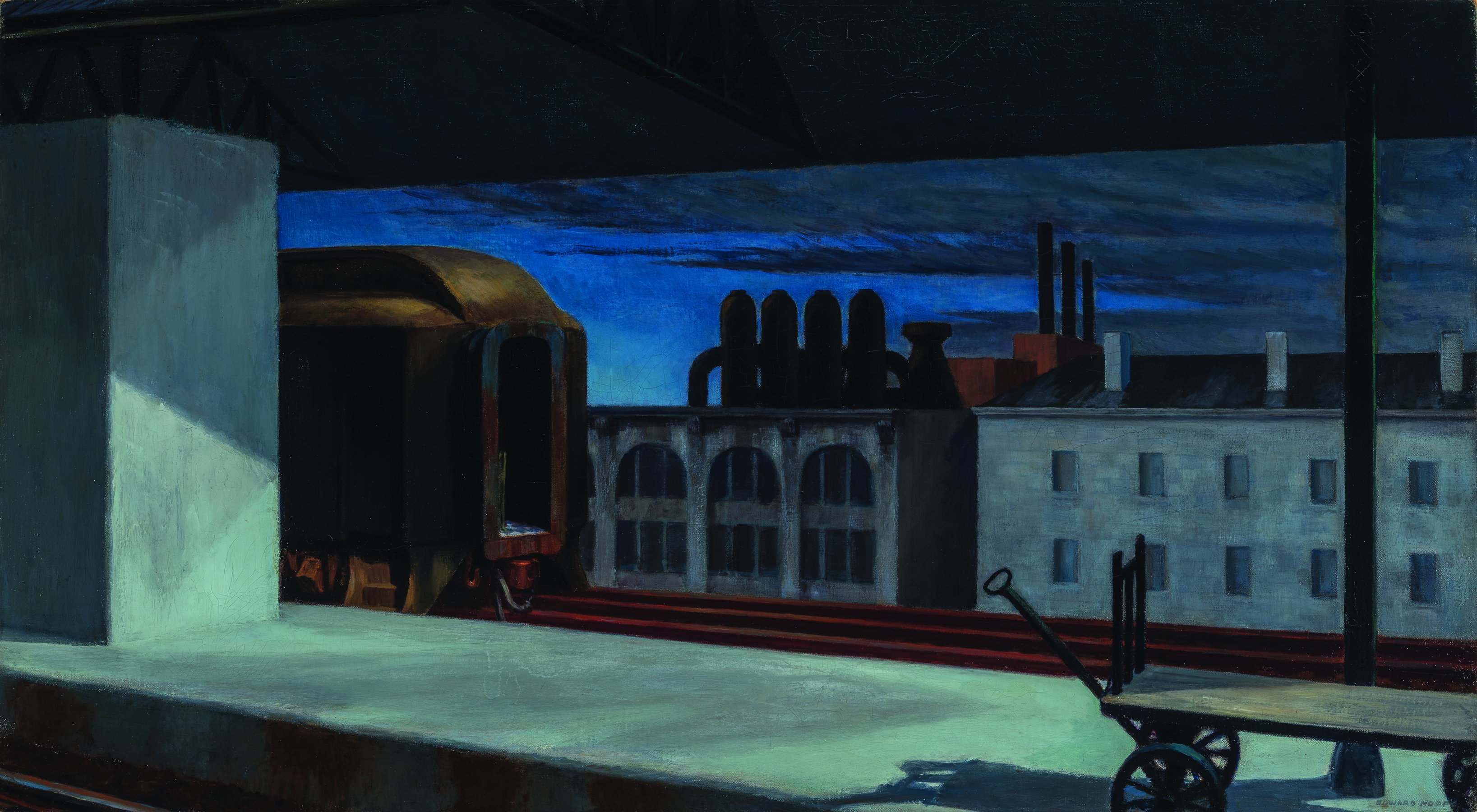 Painting 'Dawn In Pennsylvania' by Edward Hopper, rail track hand wagon on platform, on cover of 'America's Cool Modernism, O'Keeffe to Hopper', by Ashmolean Museum.