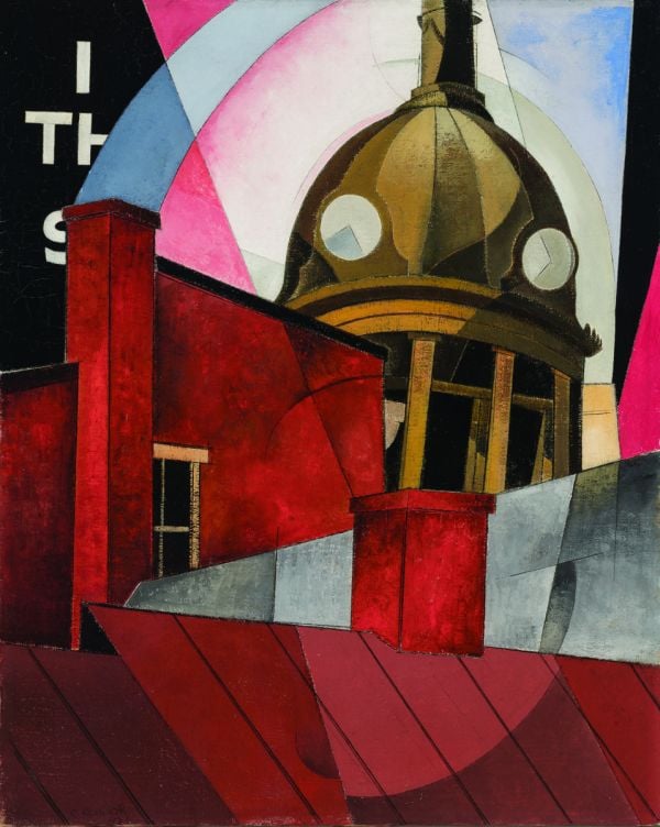 Painting 'Dawn In Pennsylvania' by Edward Hopper, rail track hand wagon on platform, on cover of 'America's Cool Modernism, O'Keeffe to Hopper', by Ashmolean Museum.