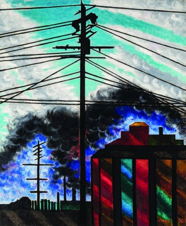 Painting 'Dawn In Pennsylvania' by Edward Hopper, rail track hand wagon on platform, on cover of 'America's Cool Modernism, O'Keeffe to Hopper', by Ashmolean Museum.