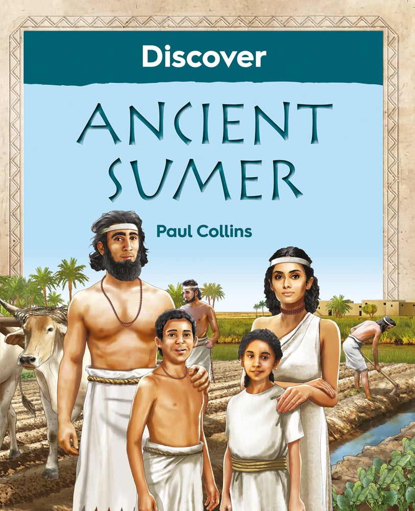 Family of four dressed in white robes with cattle ploughing field behind them, Discover Ancient Sumer in white a dark blue font above.