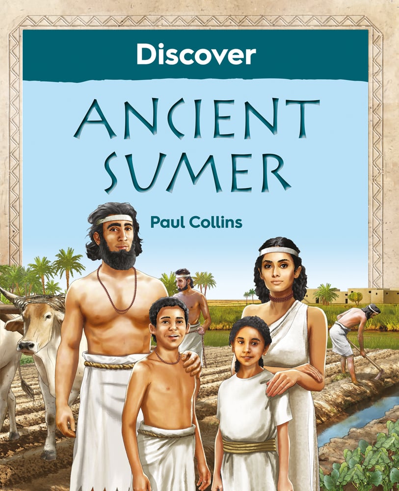 Family of four dressed in white robes with cattle ploughing field behind them, Discover Ancient Sumer in white a dark blue font above.