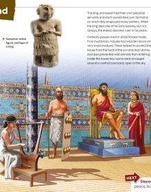 Family of four dressed in white robes with cattle ploughing field behind them, Discover Ancient Sumer in white a dark blue font above.