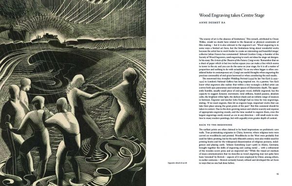 Book cover of Scene Through Wood, A Century of Modern Wood Engraving, with a print of roof in blue, brown and yellow. Published by Ashmolean Museum.