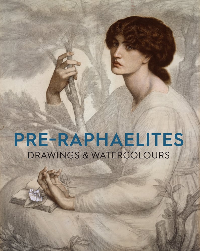 Drawing of The Day Dream by Dante Gabriel Rossetti, model holding white flower, on cover of 'Pre-Raphaelite Drawings and Watercolours', by Ashmolean Museum.