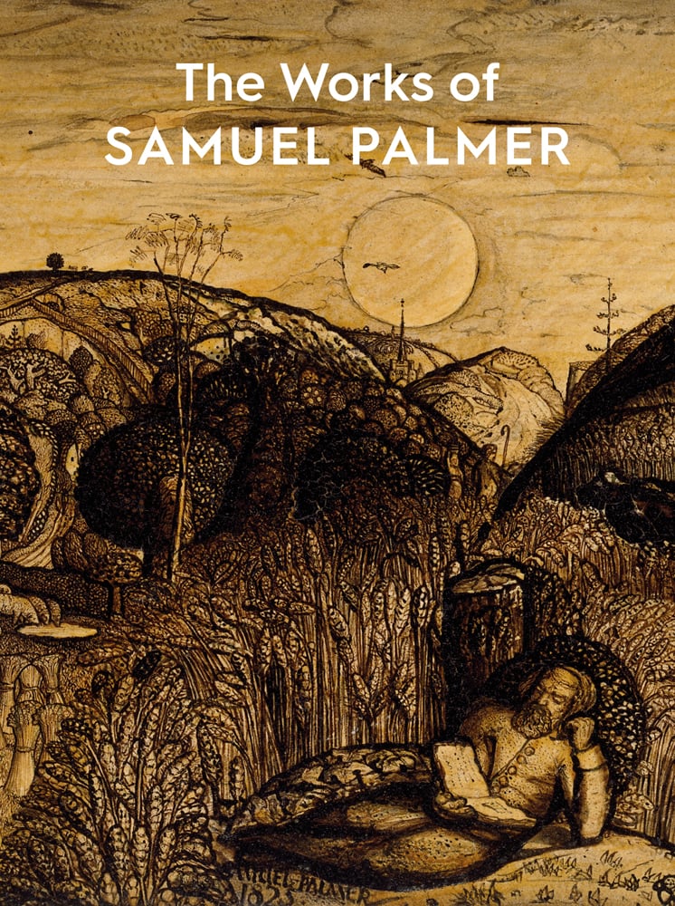 Sepia painting of the valley thick with corn, on cover of 'The Works of Samuel Palmer', by Ashmolean Museum.