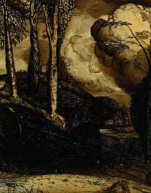 Sepia painting of the valley thick with corn, on cover of 'The Works of Samuel Palmer', by Ashmolean Museum.