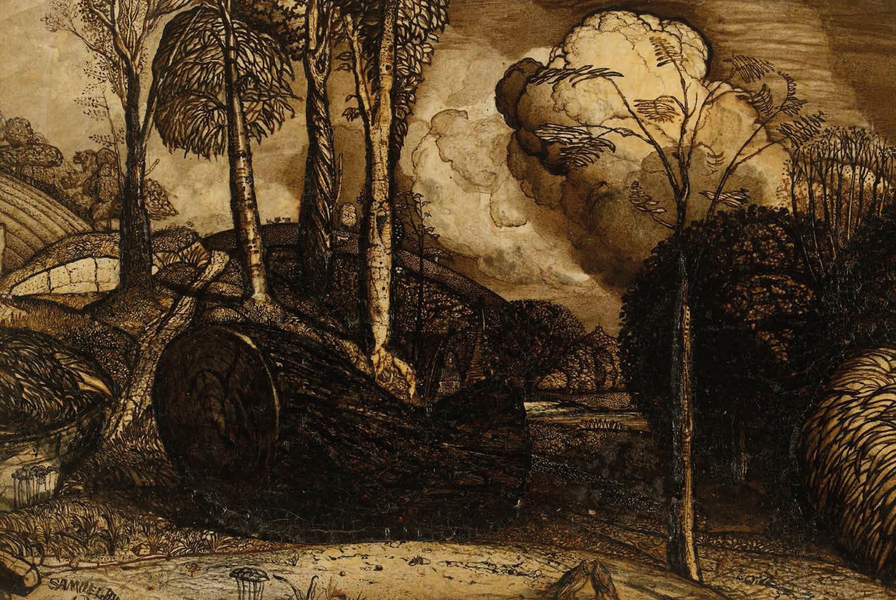 The valley thick with corn sepia painting by Samuel Palmer, The Works of Samuel Palmer in white font above.