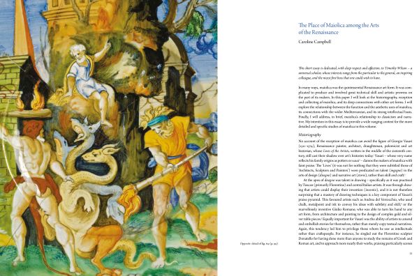 Maiolica dish with gold edge and landscape painting on gold brown cover of 'Maiolica in Italy and Beyond, Papers of a symposium held at Oxford in celebration of Timothy Wilson's Catalogue of Maiolica in the Ashmolean Museum', by Ashmolean Museum.