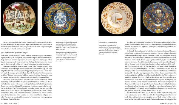 Maiolica dish with gold edge and landscape painting on gold brown cover of 'Maiolica in Italy and Beyond, Papers of a symposium held at Oxford in celebration of Timothy Wilson's Catalogue of Maiolica in the Ashmolean Museum', by Ashmolean Museum.