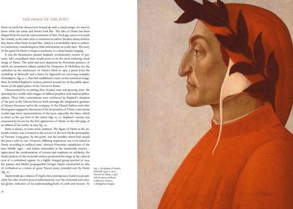 Woman leaning down to view a sculptured bust of man near pillar, on cover of 'Dante The Invention of Celebrity', by Ashmolean Museum.