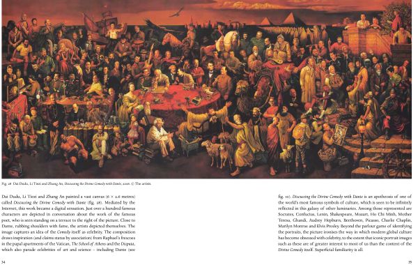 Woman leaning down to view a sculptured bust of man near pillar, on cover of 'Dante The Invention of Celebrity', by Ashmolean Museum.