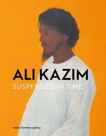 Painting of dark skinned man with pointed beard in white smock on bright yellow-orange cover of 'Ali Kazim, Suspended in Time', by Ashmolean Museum.