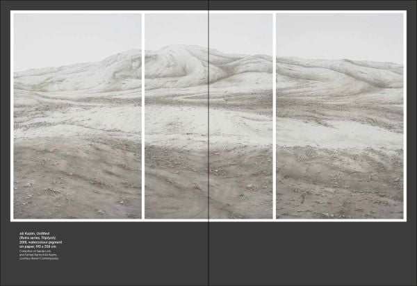 Painting of dark skinned man with pointed beard in white smock on bright yellow-orange cover of 'Ali Kazim, Suspended in Time', by Ashmolean Museum.