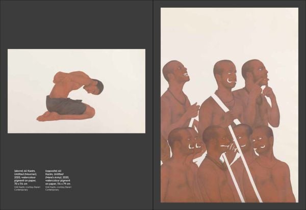 Painting of dark skinned man with pointed beard in white smock on bright yellow-orange cover of 'Ali Kazim, Suspended in Time', by Ashmolean Museum.