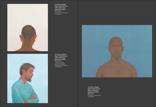 Painting of dark skinned man with pointed beard in white smock on bright yellow-orange cover of 'Ali Kazim, Suspended in Time', by Ashmolean Museum.