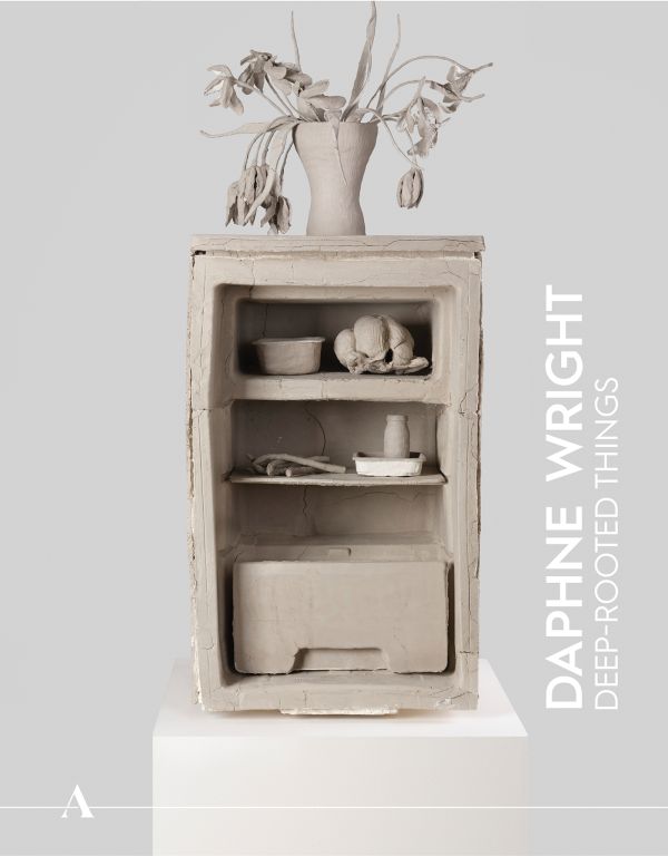 Book cover of Ashmolean NOW 4: Daphne Wright: Deep-Rooted Things: featuring an unfired clay doorless fridge with a vase of flowers on top. Published by Ashmolean Museum.