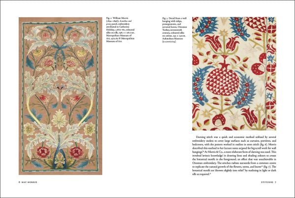 Book cover of May Morris: The Essence and Soul of Beautiful Embroidery; featuring embroidery with floral design. Published by Ashmolean Museum.