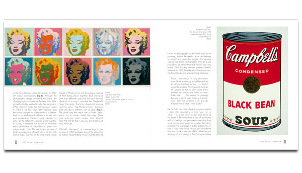 Grey sketch of Andy Warhol, on white cover, I WANT TO BE A MACHINE in white embossed font on grey lines