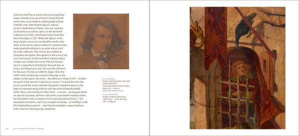 Book cover of William Bell Scott's Screen, A Pre-Raphaelite Romance, with painting of man in red robes; white dove perched on right hand. Published by National Galleries of Scotland.