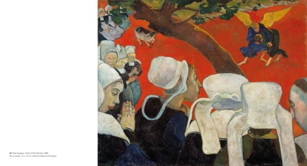 Vibrant impressionist painting of 4 ballerinas in red tutus by Edgar Degas, The Impressionist Era in pale yellow down left edge.