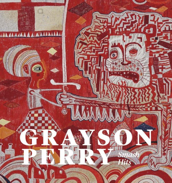 Book cover of Grayson Perry, Smash Hits, with a red tapestry title 'Sacred Tribal Artefact'. Published by National Galleries of Scotland.